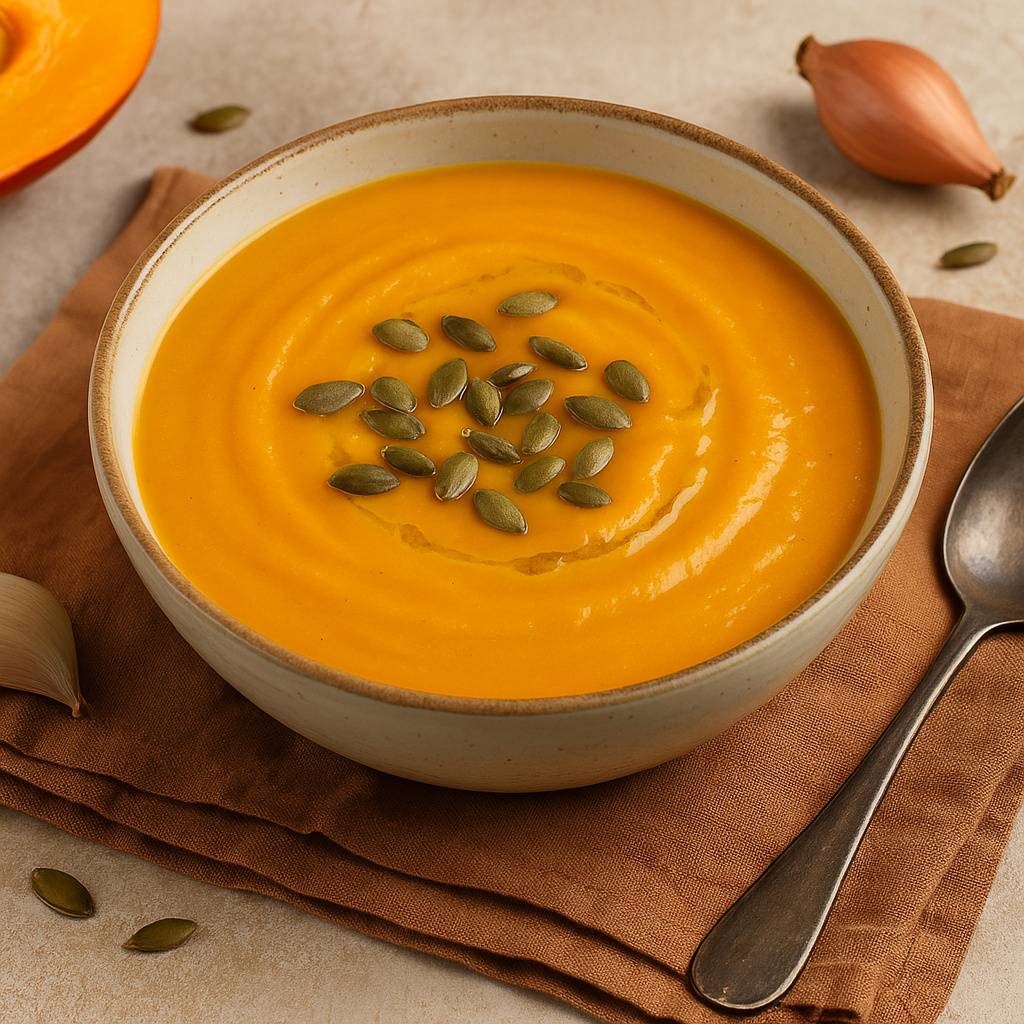 Velouté de potimarron crémeux avec graines de courge grillées - Recette facile pour deux personnes
